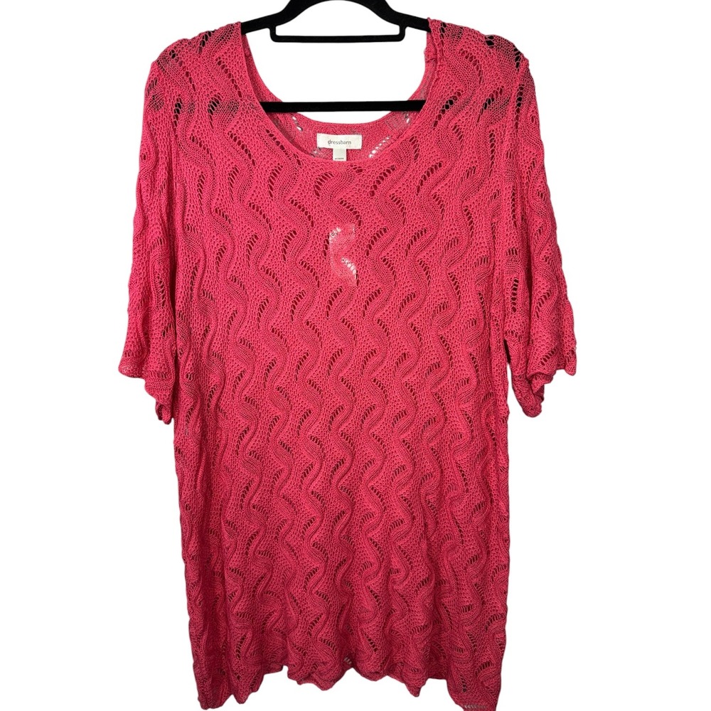 Dressbarn Womens 3X Hot Pink Open Knit Wavy Crochet Tunic Top Short Sleeve NWT